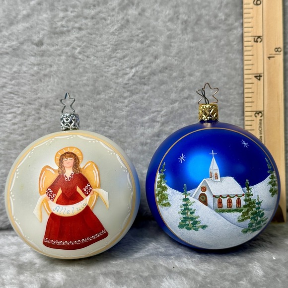 Vintage Hand Painted Glass Ornaments Cottagecore Set 2 Christmas Angel Church - Picture 8 of 8